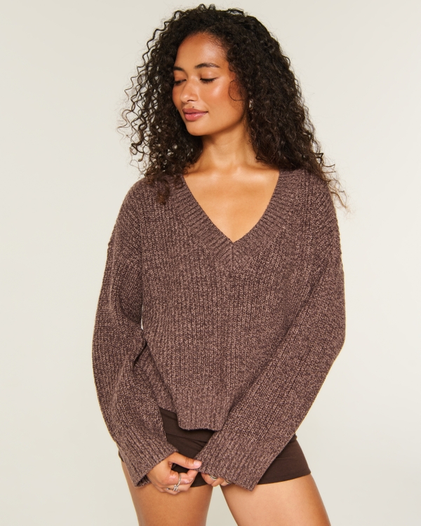 Easy V-Neck Shaker Sweater, Heather Brown view 1