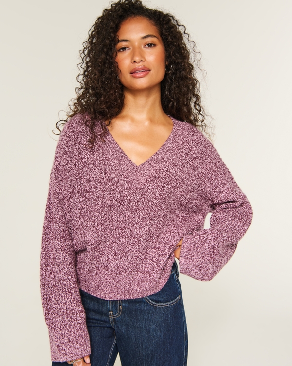 Easy V-Neck Shaker Sweater, Heather Dark Pink view 1