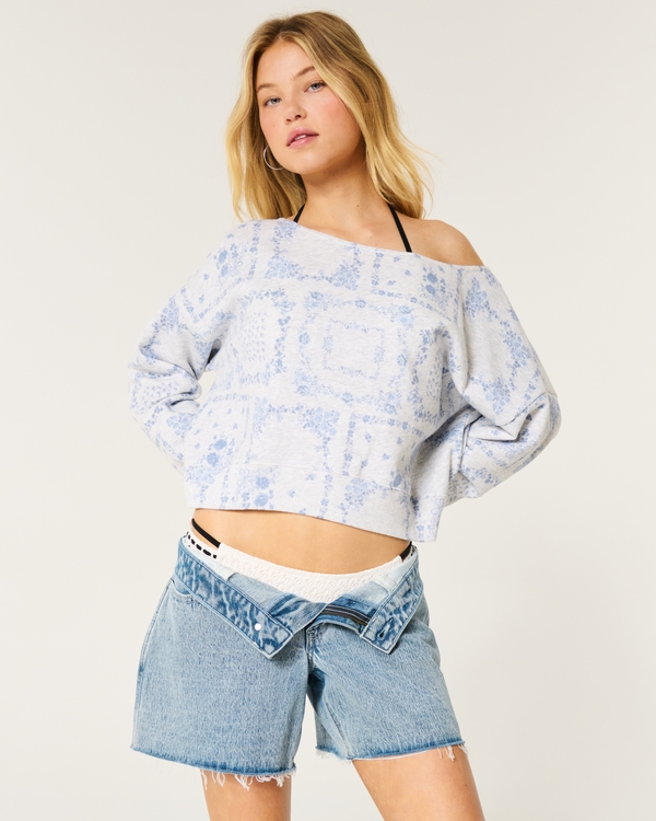 Easy Off-the-Shoulder Pattern Sweatshirt, Light Grey Heather Floral