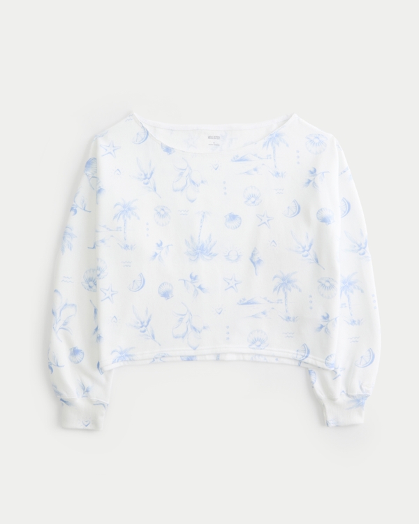 Easy Off-the-Shoulder Sweatshirt, White/blue Print