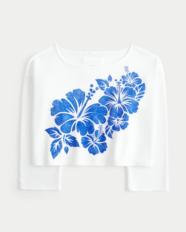 Hollister Feel Good Hibiscus Graphic Off-The-Shoulder Sweatshirt, White view 1