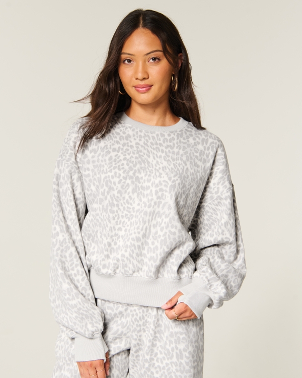 Hollister Feel Good Light Leopard Print Crew Sweatshirt, Light Grey Leopard view 1