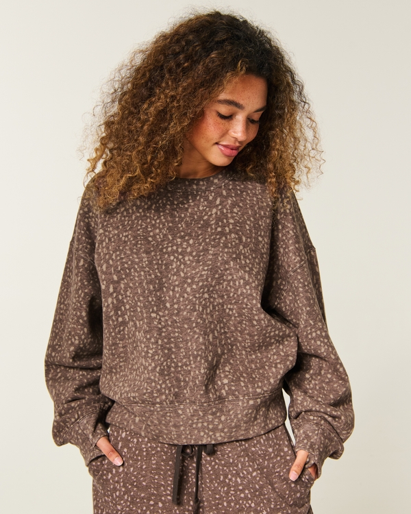 Hollister Feel Good Easy Doe Print Crew Sweatshirt, Light Brown Print view 1
