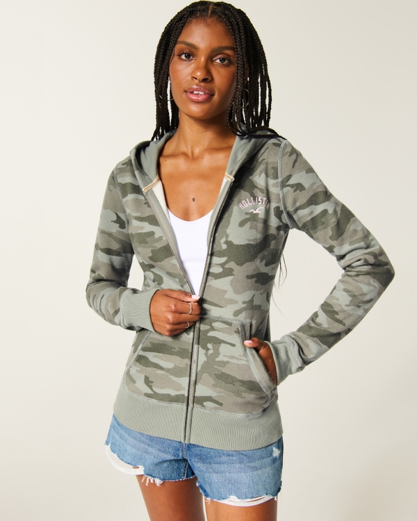 Hollister Feel Good Logo Camo Full-Zip, Olive Camo view 1
