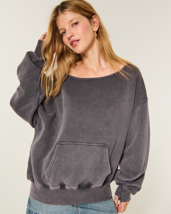 Hollister Feel Good Easy Off-The-Shoulder Sweatshirt, Charcoal view 1