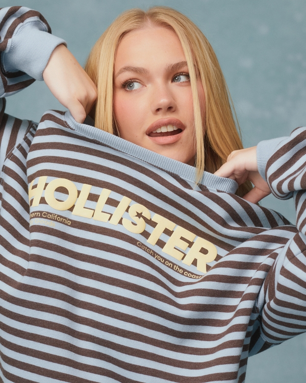 Hollister Feel Good Oversized Striped Logo Graphic Crew Sweatshirt, Blue Stripe view 1