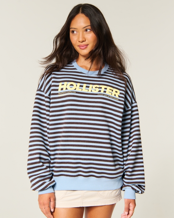 Hollister Feel Good Oversized Striped Logo Graphic Crew Sweatshirt, Blue Stripe view 2