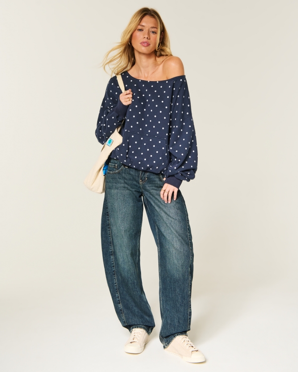 Hollister Feel Good Easy Off-the-Shoulder Sweatshirt, Navy Dot view 2
