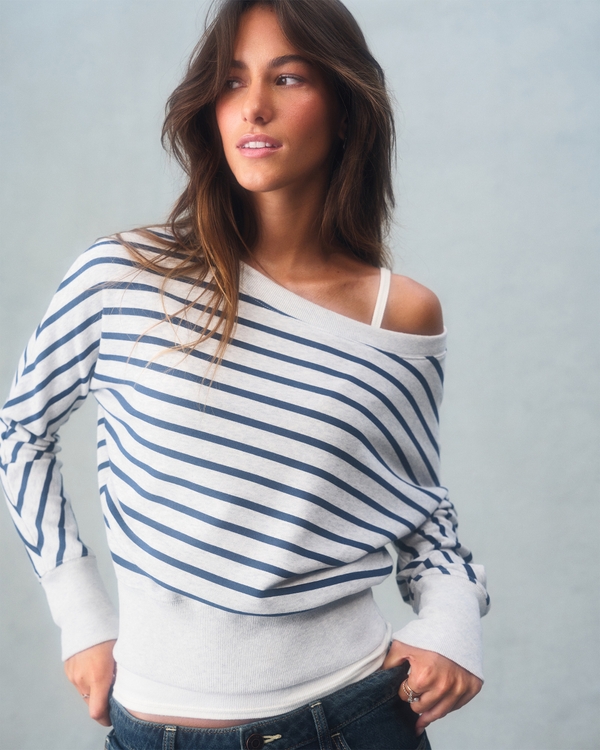 Striped Banded Off-the-Shoulder Sweatshirt, Navy Stripe view 1