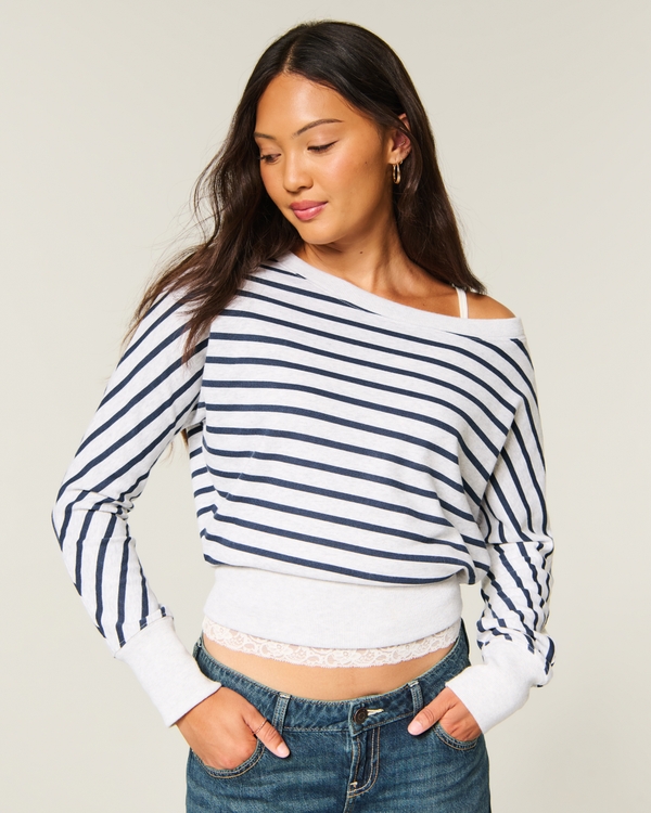 Striped Banded Off-the-Shoulder Sweatshirt, Navy Stripe view 2