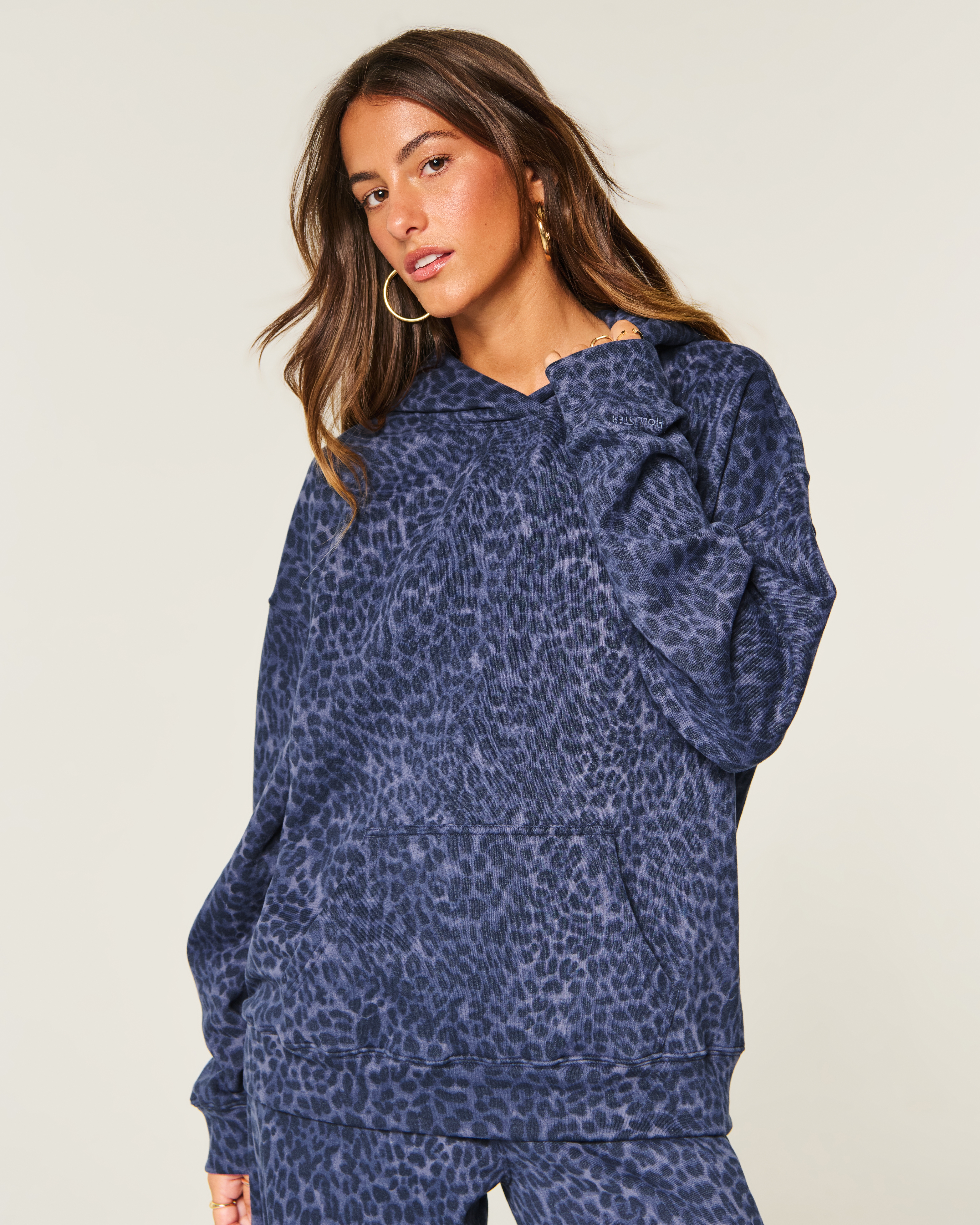 Hollister Feel Good Oversized Navy Leopard Hoodie