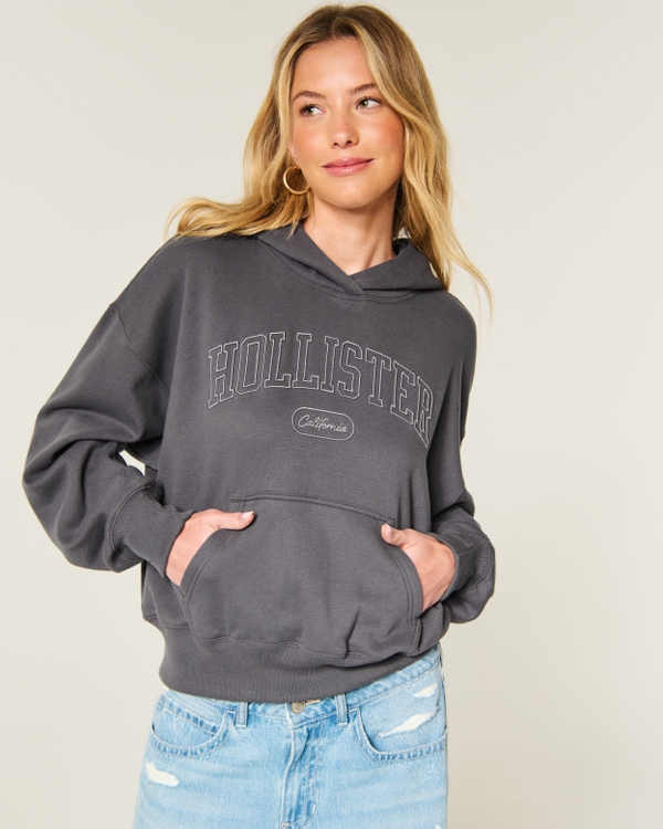 Hollister Feel Good Logo Graphic Hoodie, Charcoal view 1