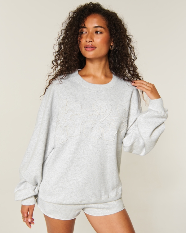 Hollister Feel Good Oversized Hibiscus Graphic Crew Sweatshirt, Light Heather Grey view 1