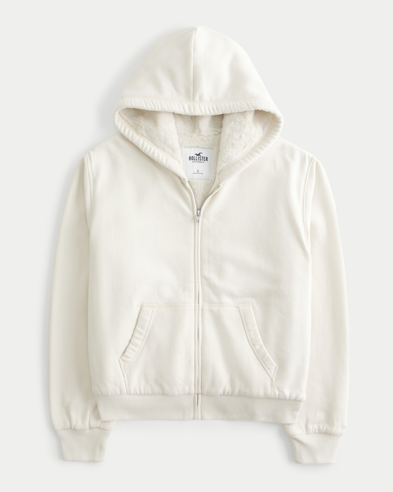 Women s Easy Teddy Lined Zip Up Hoodie in Cream Size XXL from Hollister