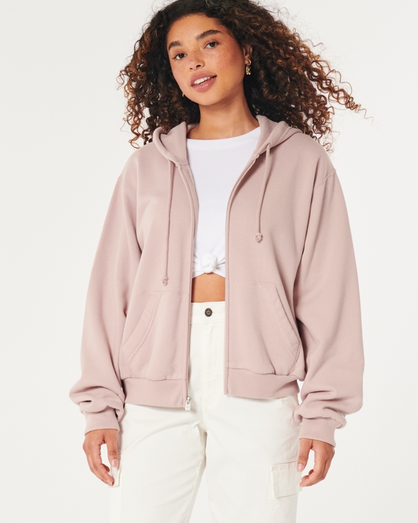Cropped zip-through hoodie - Light pink - Ladies