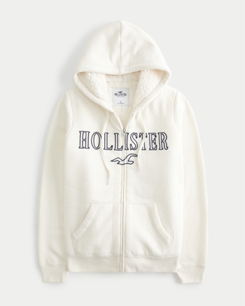 Hollister California Women Embroidered Applique Logo GRAPHIC Full-ZIP  Hoodie sherpa lined Sweatshirt brown Size Small S : : Fashion