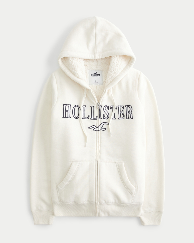 Hollister California Women's Embroidered Logo Graphic Full Zip Sherpa Lined  Sweatshirt, Brown, Small, Brown, 8, brown : : Fashion