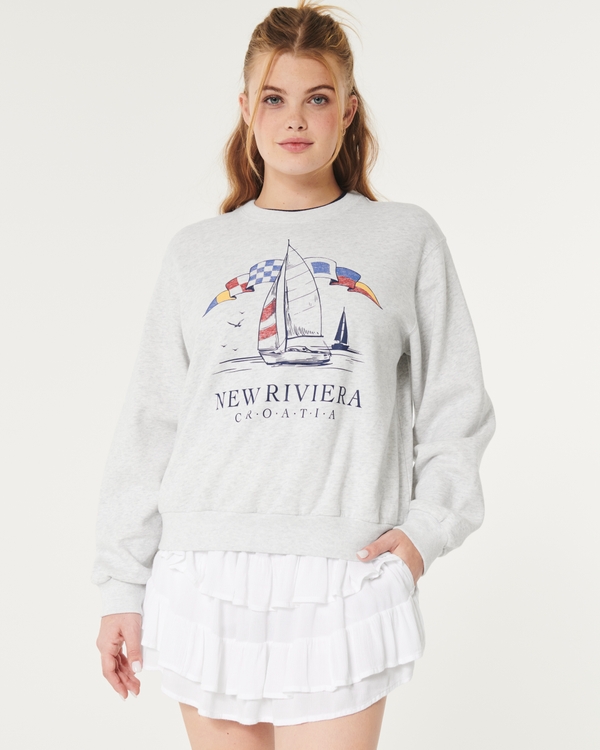 Easy New Riviera Croatia Graphic Crew Sweatshirt, Light Heather Grey