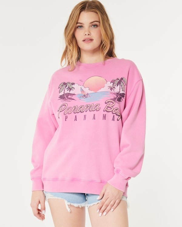 Oversized Panama Bay Graphic Crew Sweatshirt, Pink