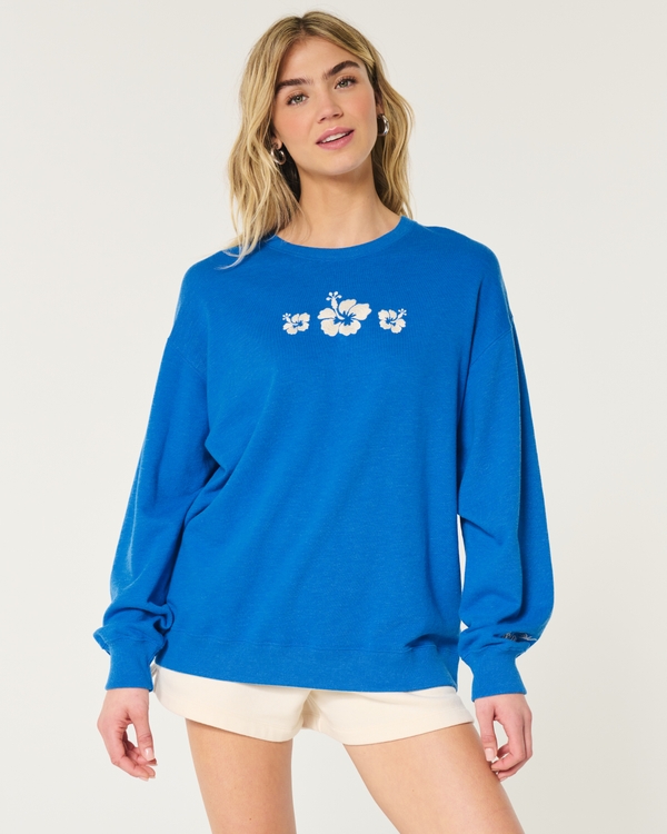Oversized Floral Graphic Terry Sweatshirt, Blue