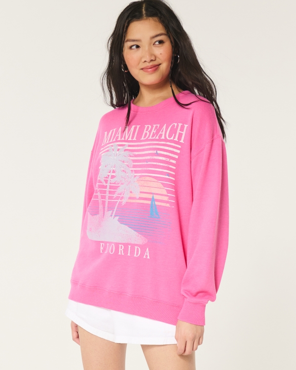 Oversized Miami Beach Graphic Terry Sweatshirt, Pink