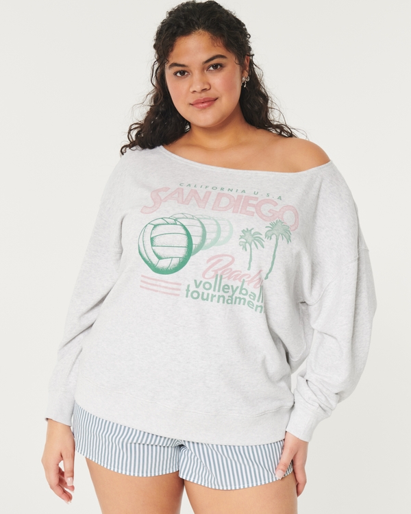 Oversized Off-the-Shoulder Volleyball Graphic Sweatshirt, Light Heather Grey