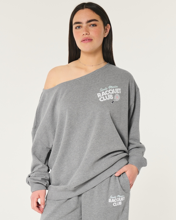 Oversized Off-the-Shoulder Racquet Club Graphic Sweatshirt