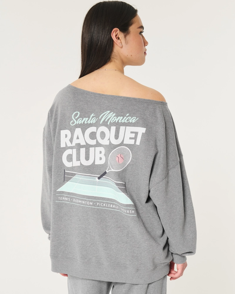 Oversized Off-the-Shoulder Racquet Club Graphic Sweatshirt
