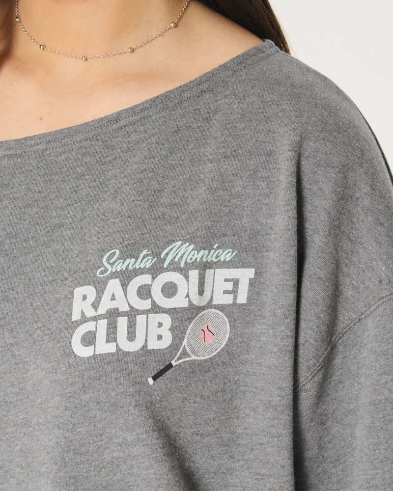 Oversized Off-the-Shoulder Racquet Club Graphic Sweatshirt