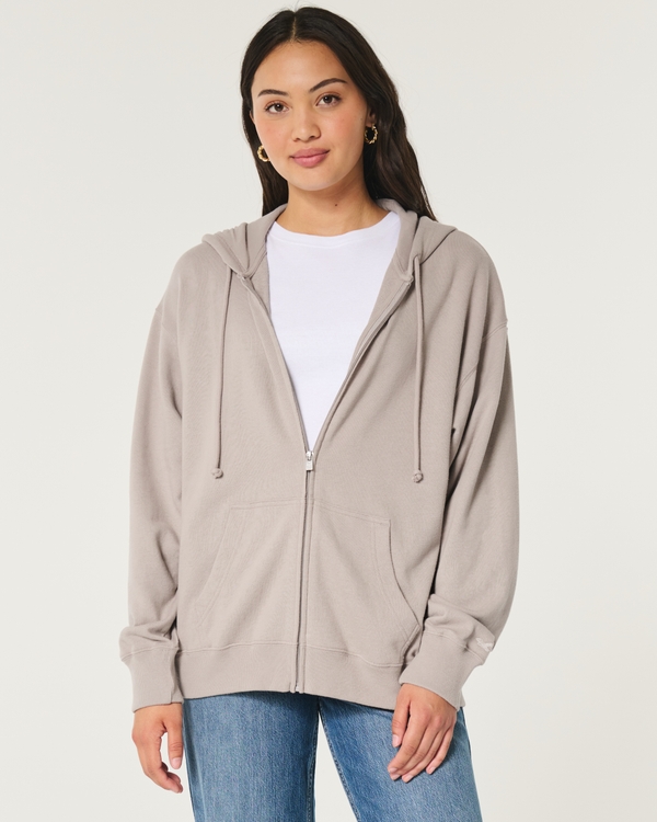 Oversized Terry Zip-Up Hoodie, Taupe