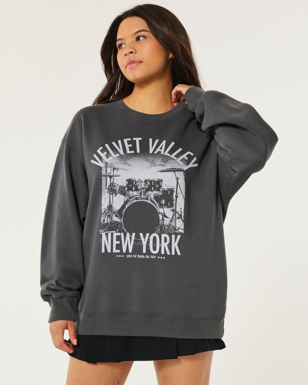 Oversized Velvet Valley New York Graphic Crew Sweatshirt, Dark Grey