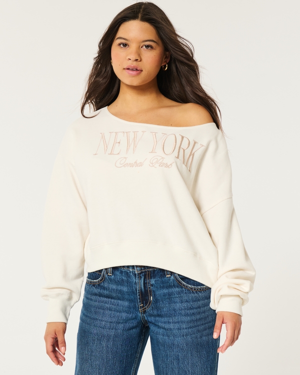 Easy Off-the-Shoulder New York Graphic Sweatshirt, Soft Ivory