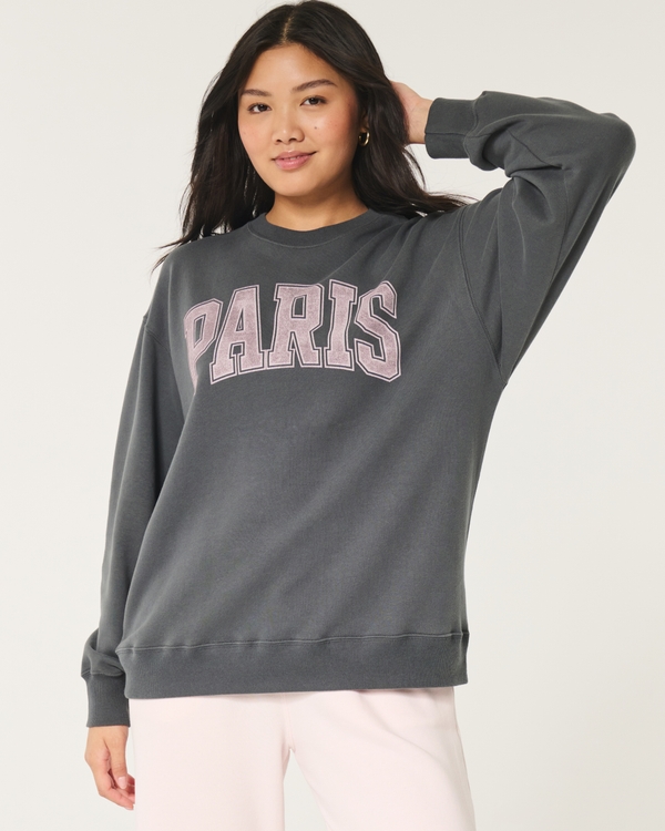 Oversized Paris Graphic Crew Sweatshirt, Charcoal Gray
