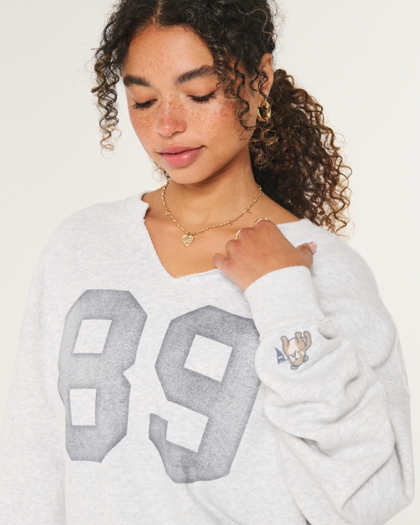 Oversized sweatshirt met inkeping bij de hals en sportieve print, Gemêleerd Lichtgrijs view 2
