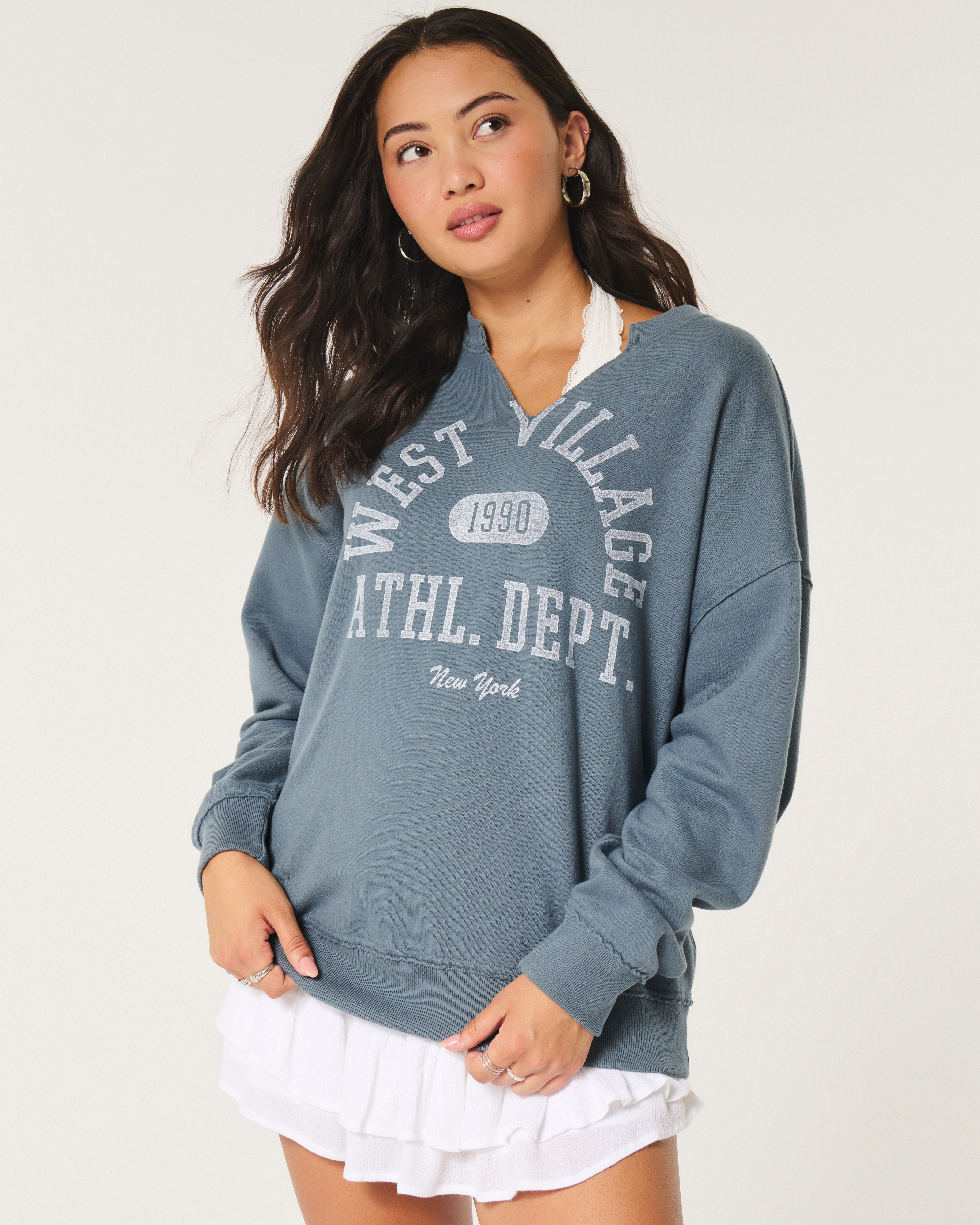 ☆NICK&NICOLE☆ DOTS MOCK NECK HALF TOPIVORY Women's Oversized Notch-Neck Go Team Graphic Sweatshirt