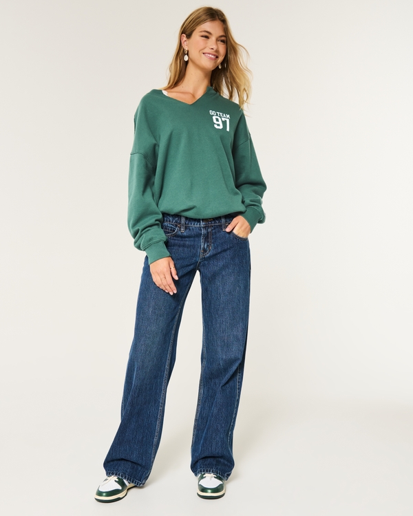 Oversized sweatshirt met Go Team-print en hals met inkeping, Donker Smaragdgroen view 2