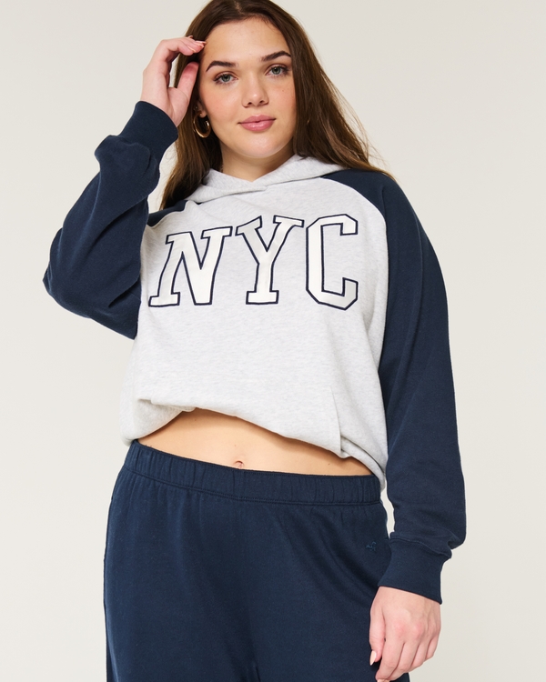 Oversized NYC Graphic Hoodie, Navy And Light Heather Gray view 1