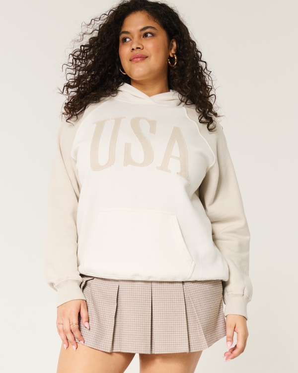 Oversized USA Graphic Hoodie, Light Taupe view 1