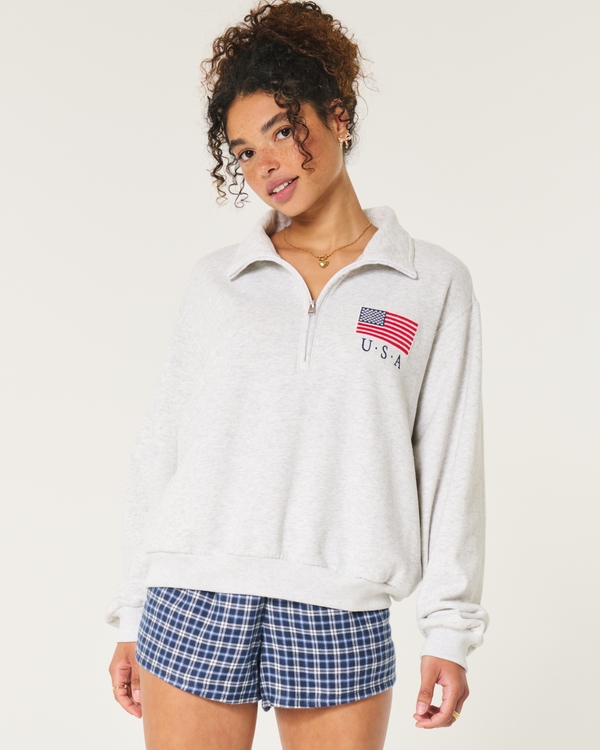 Oversized USA Graphic Half-Zip Sweatshirt, Light Heather Grey