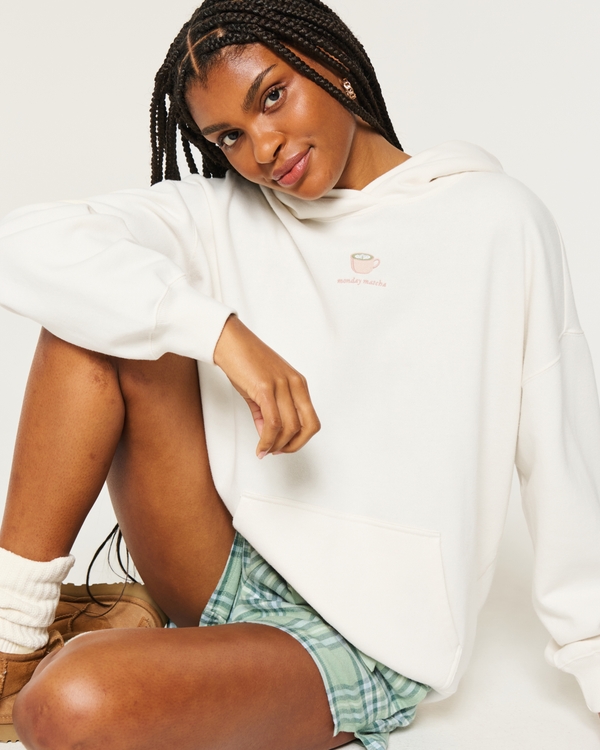 Oversized Monday Matcha Graphic Hoodie, Cream view 1