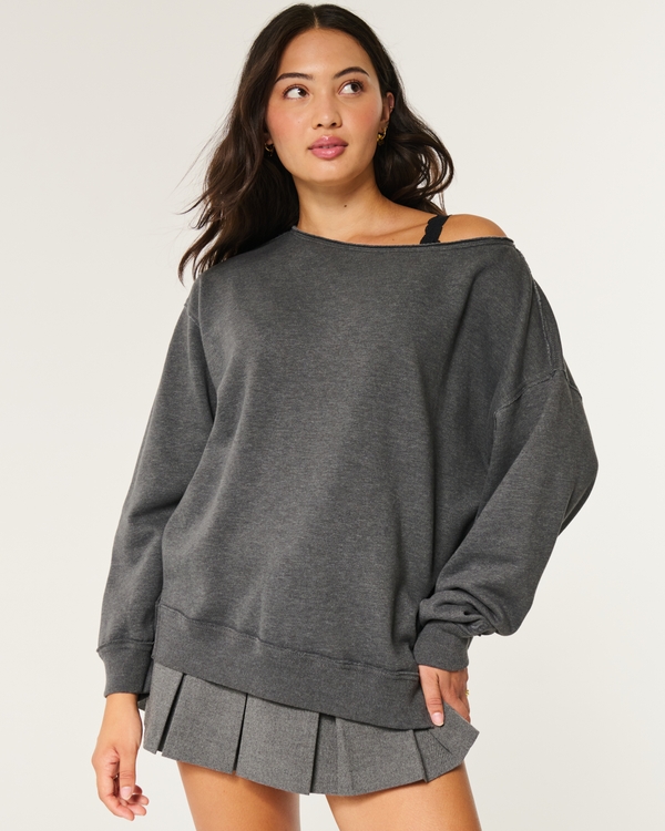 Oversized Off-the-Shoulder Sweatshirt, Charcoal Heather Gray