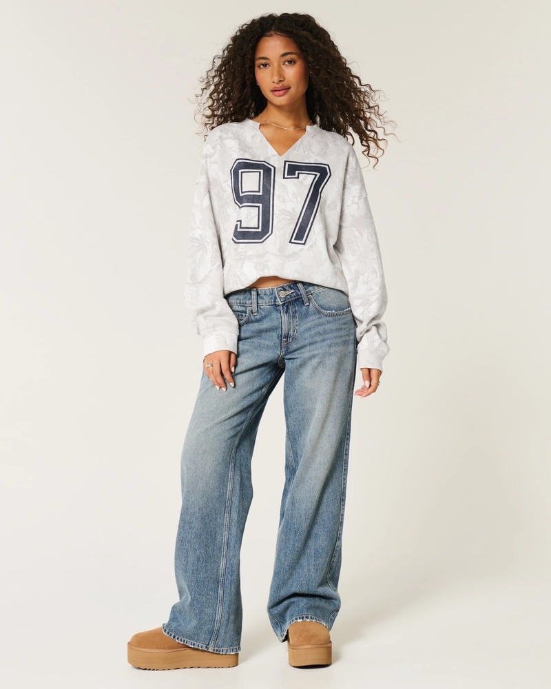 Oversized Camo Number Graphic Notch-Neck Sweatshirt
