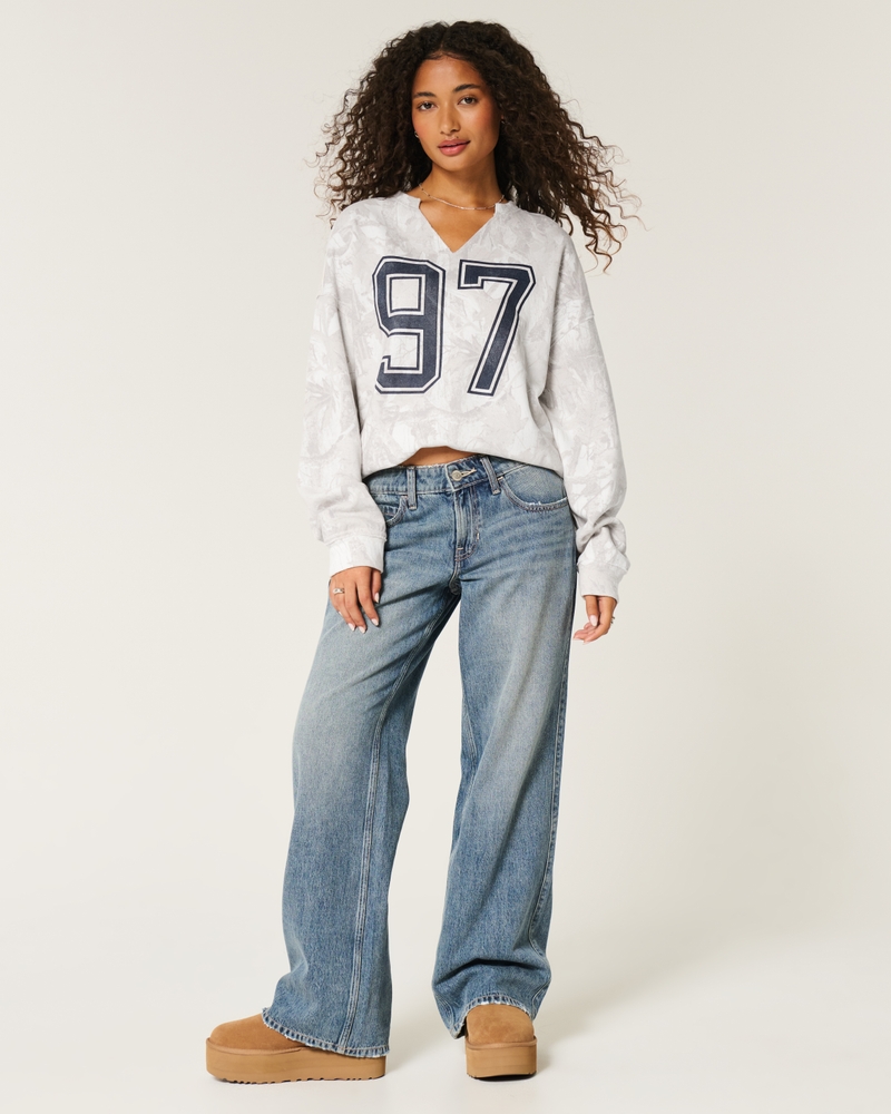 Oversized Camo Number Graphic Notch-Neck Sweatshirt