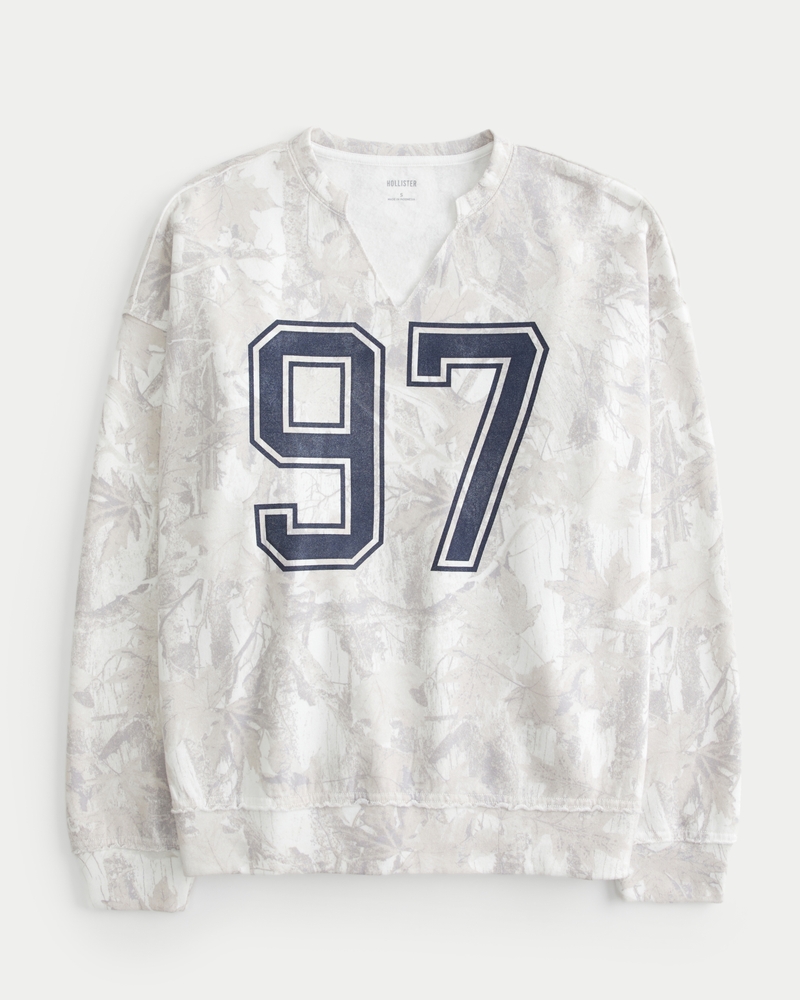 Oversized Camo Number Graphic Notch-Neck Sweatshirt