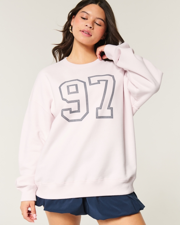Oversized Number Graphic Crew Sweatshirt, Pale Pink view 1