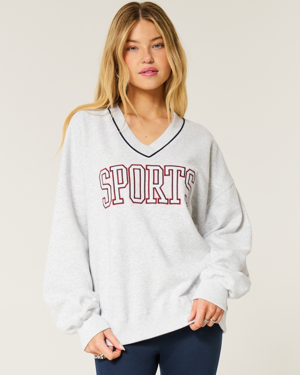 Oversized Sports Graphic V-Neck Sweatshirt, Light Heather Grey