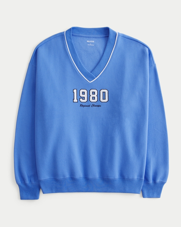 Oversized Sporty Graphic V-Neck Sweatshirt, Blue