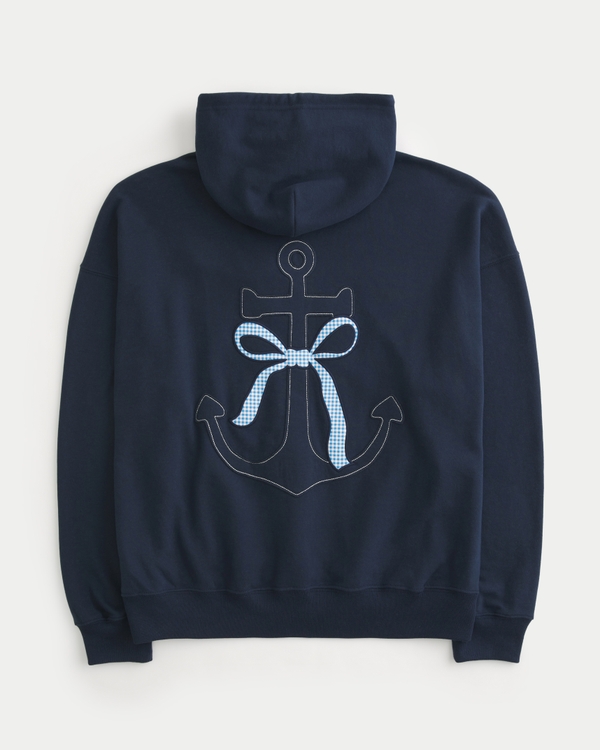 Oversized Bow & Anchor Graphic Hoodie, Navy Blue