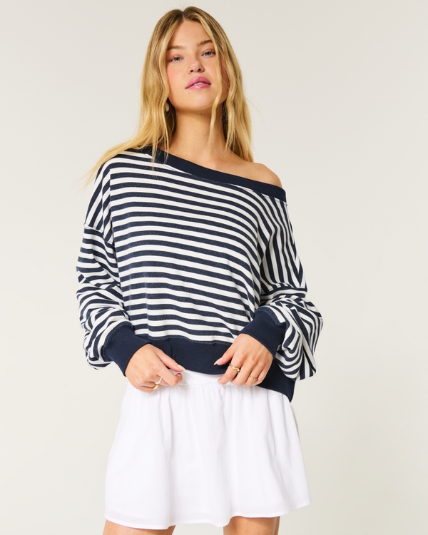 Easy Off-the-Shoulder Sweatshirt, Navy Blue Stripe