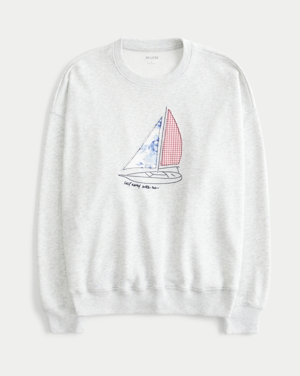 Oversized Sailboat Graphic Crew Sweatshirt, Light Heather Grey